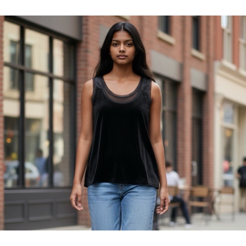 Mystree Black Velvet Tank Size M Sheer Trim Sleeveless Flowy Top NWT